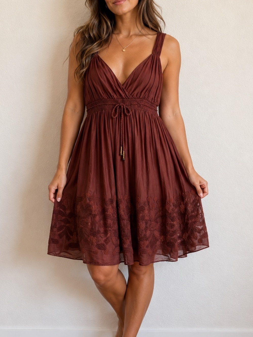 Banana Republic Cotton Brown Sleeveless Babydoll Sun Dress V-Neck Embroidered 4